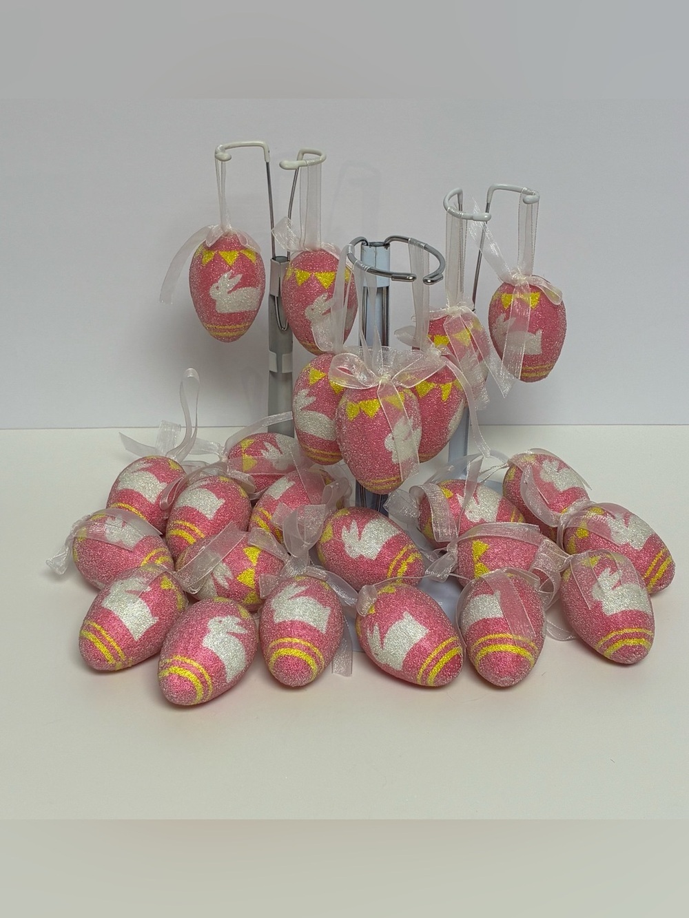 Decorative Beaded Easter Eggs Lot Of 24 Frosted Bunny with Ribbon Hanger